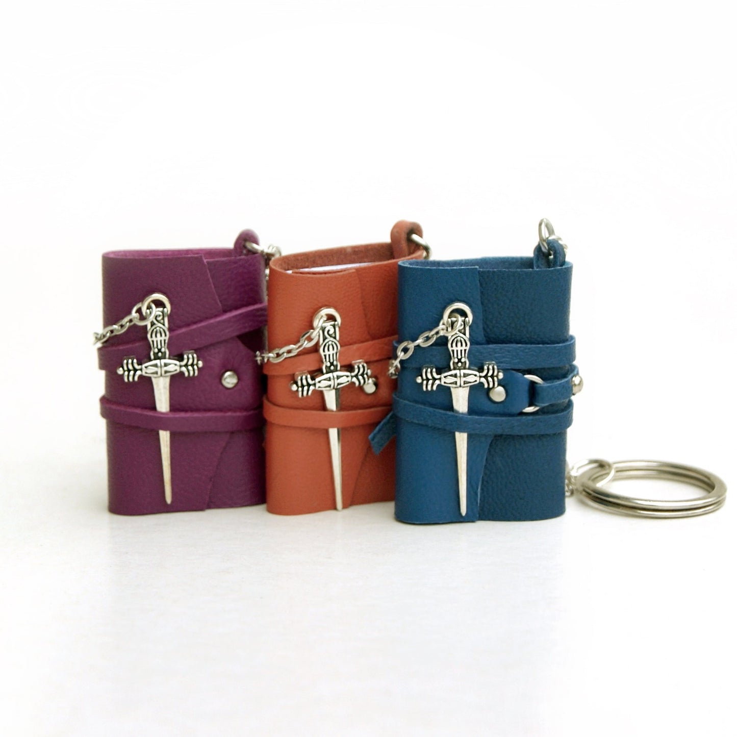 Book Keychains Set of 3, mini leather journal with dagger