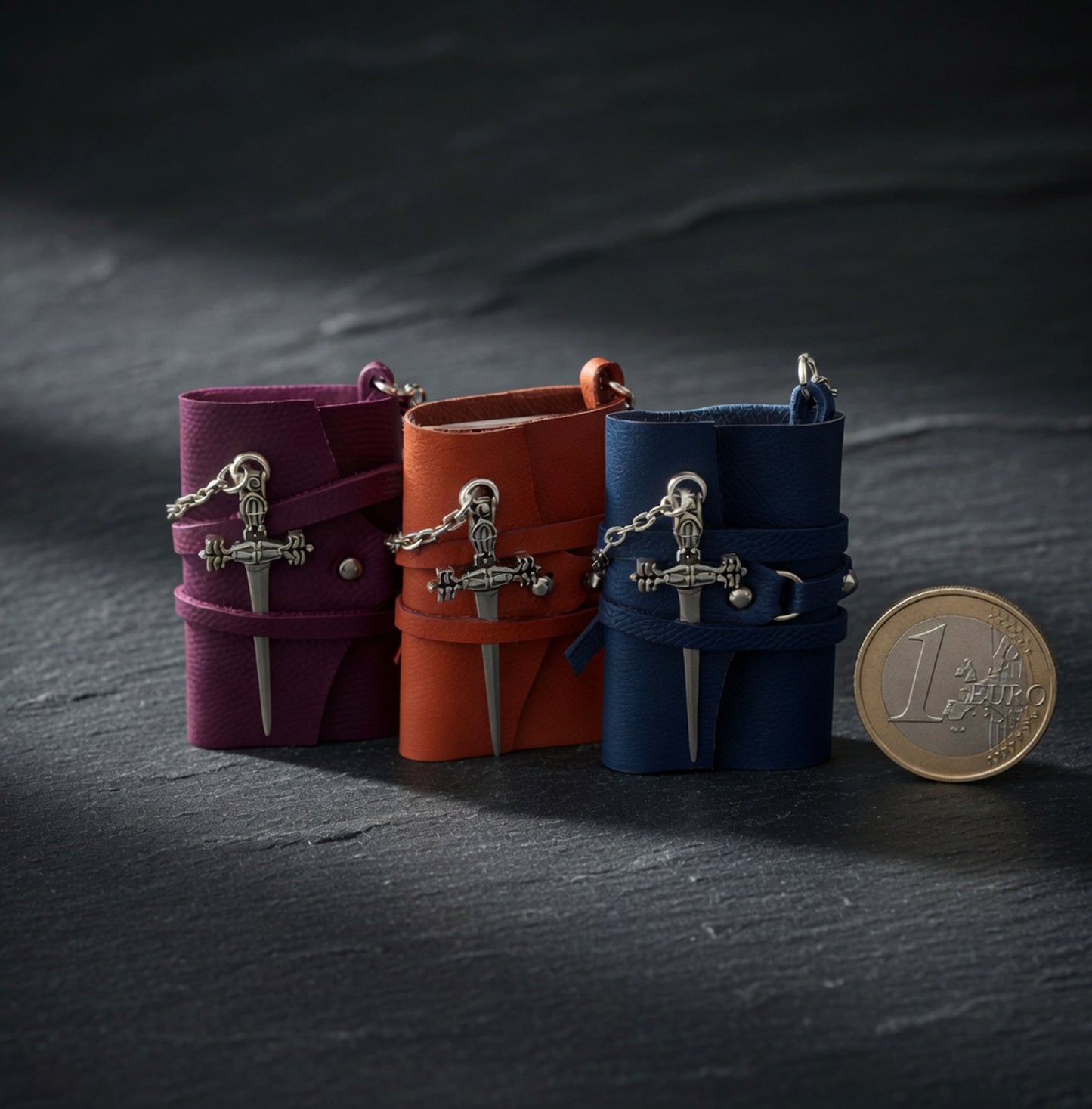 Book Keychains Set of 3, mini leather journal with dagger