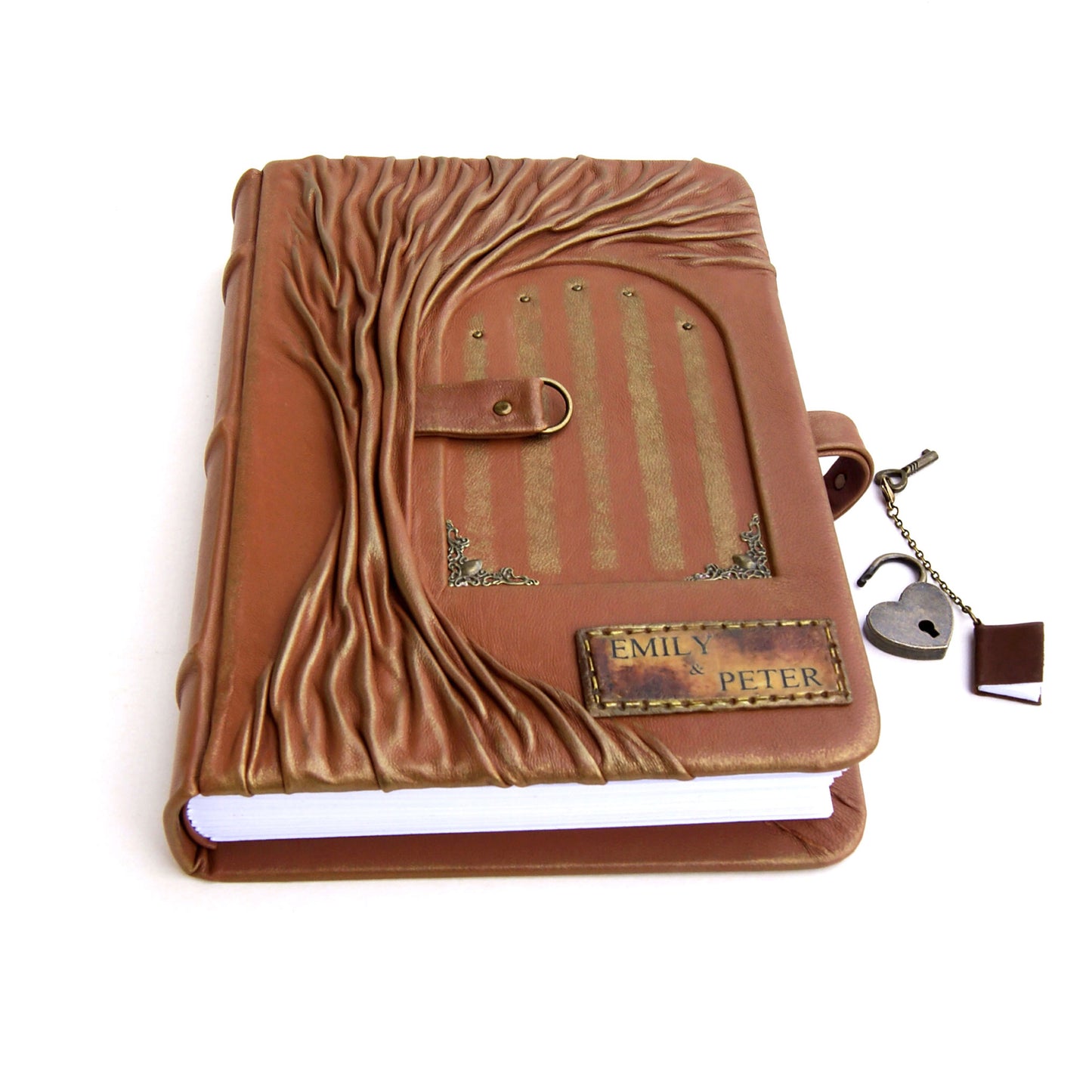 Leather Wedding Guest Book, custom journal with tree of live, A5, large journal with lock and key