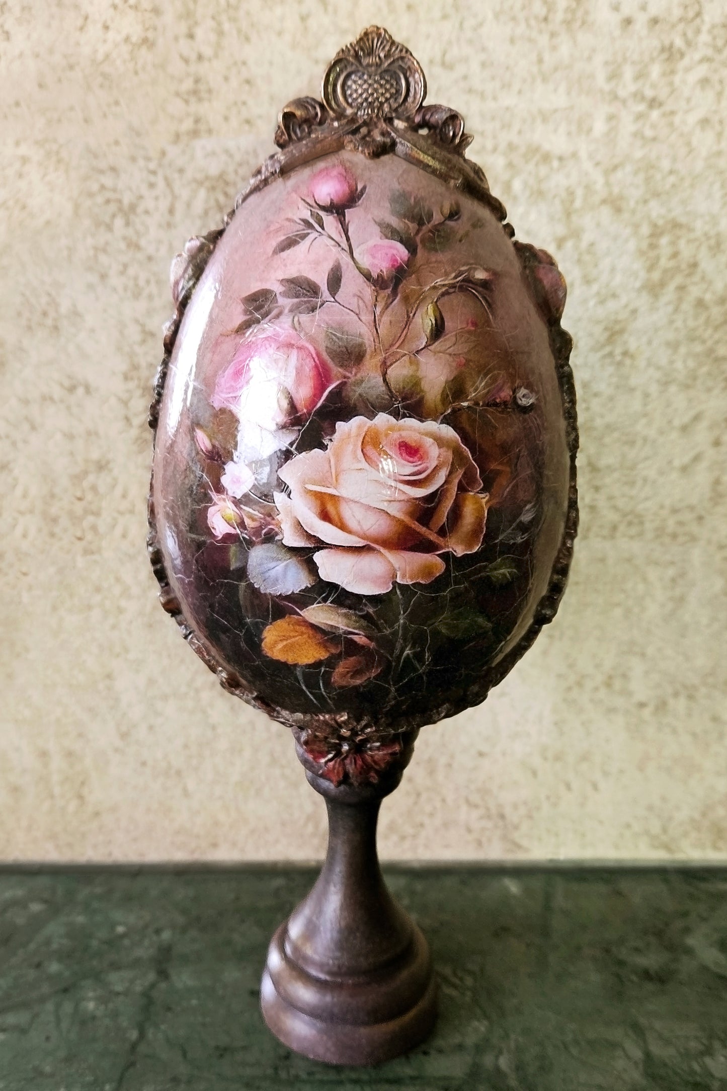 Handmade Decoupage Floral Egg, Victorian Style Decorative Display