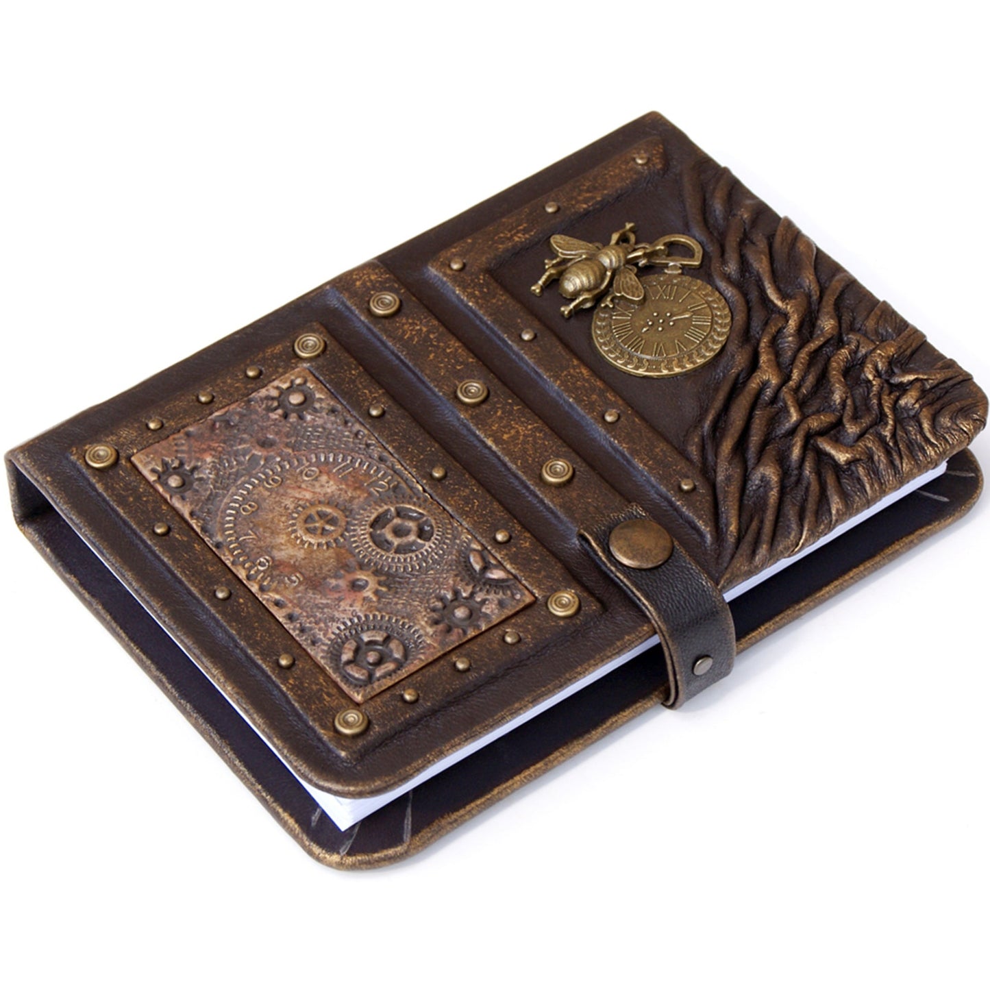 Steampunk leather journal with bee and clock, personalized leather notebook, writing journal, journals with lock