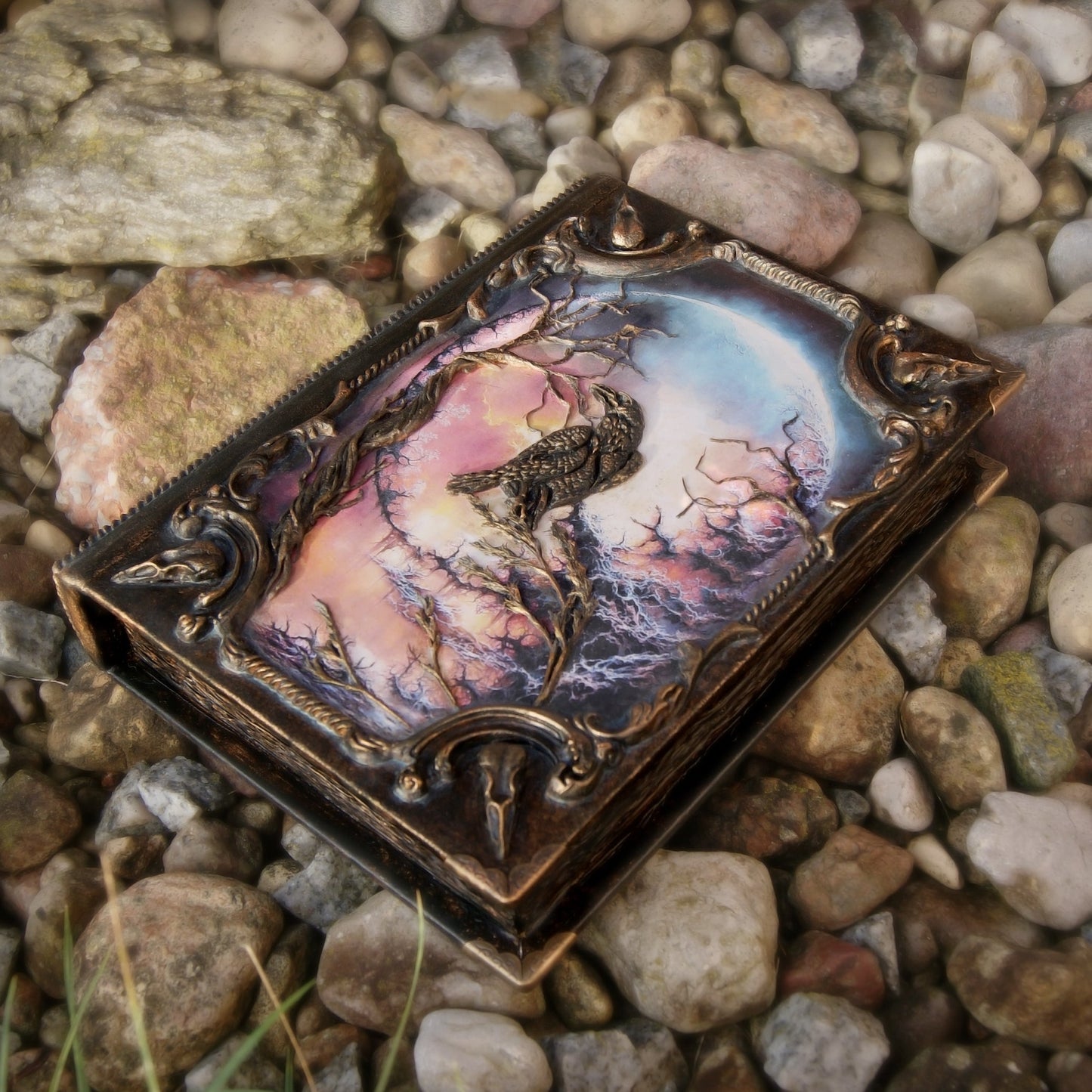 Victorian Book box with 3D cover, magic box with Crow Skull