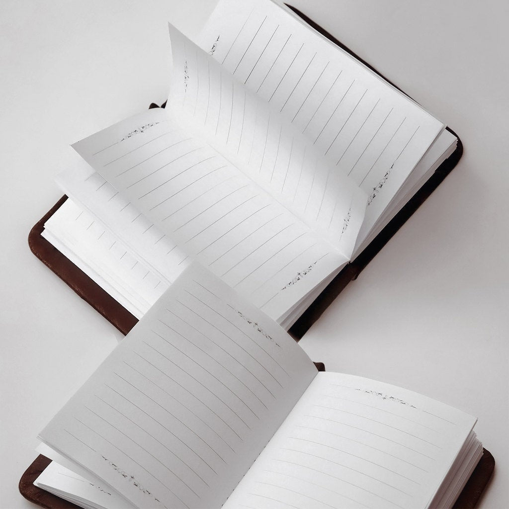 Open notebook with lined pages on a light gray background