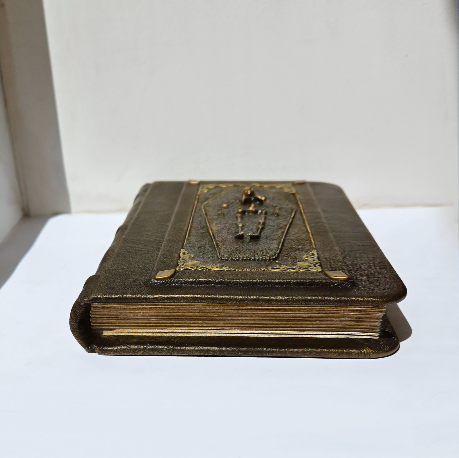 Vintage leather-bound book with old  gold embossed design on a white surface