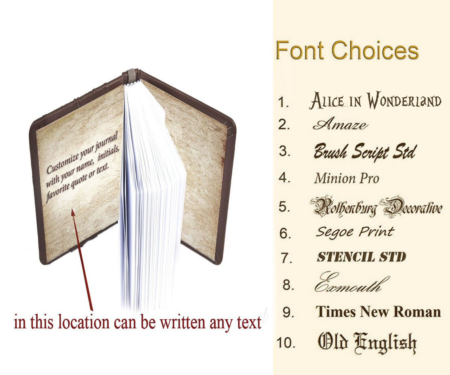 Open book with text customization options on a beige background