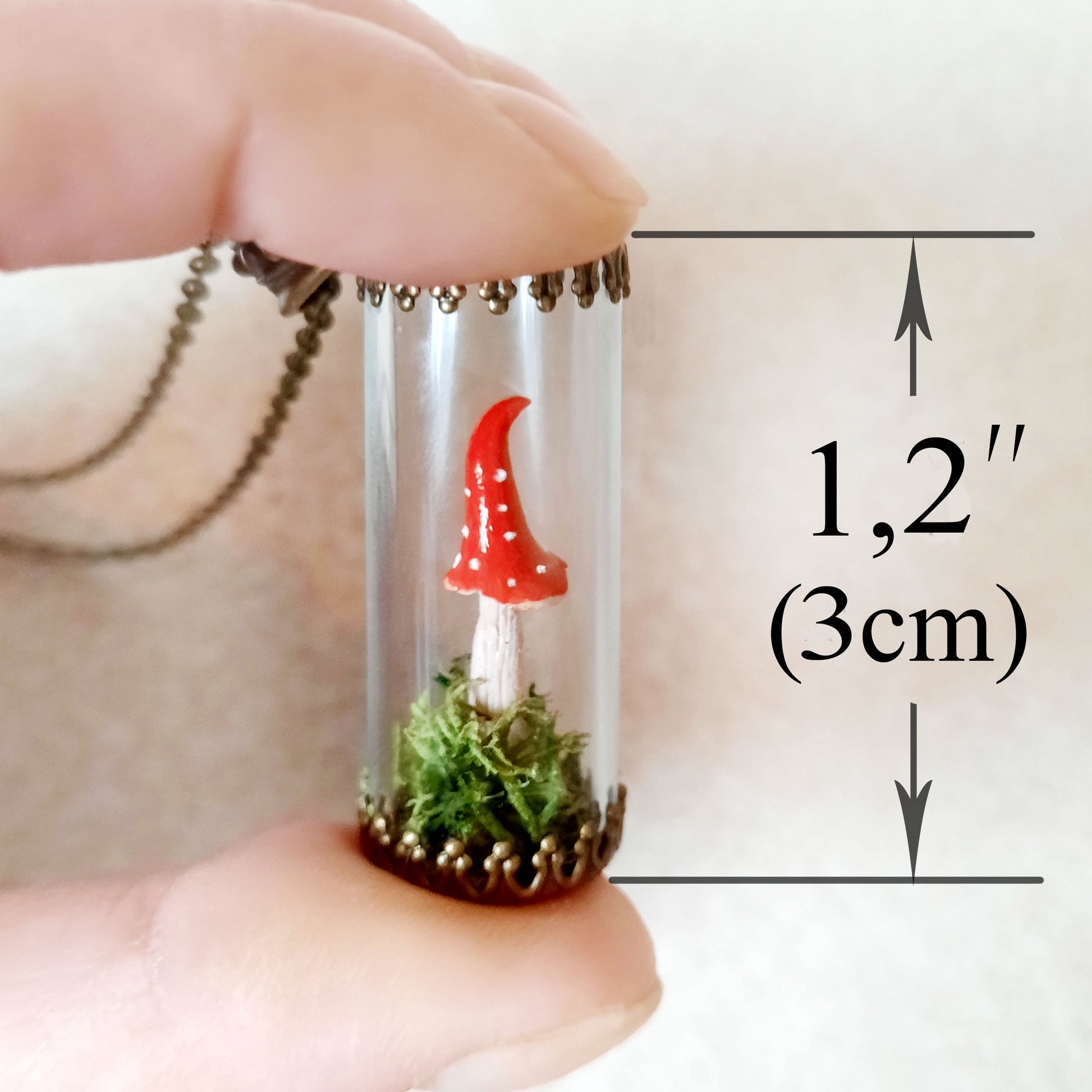 Mini terrarium necklace, consisting of of real preserved moss and polymer clay mushroom. Chain color - antique bronze.  Pendant height 3cm (1.2")