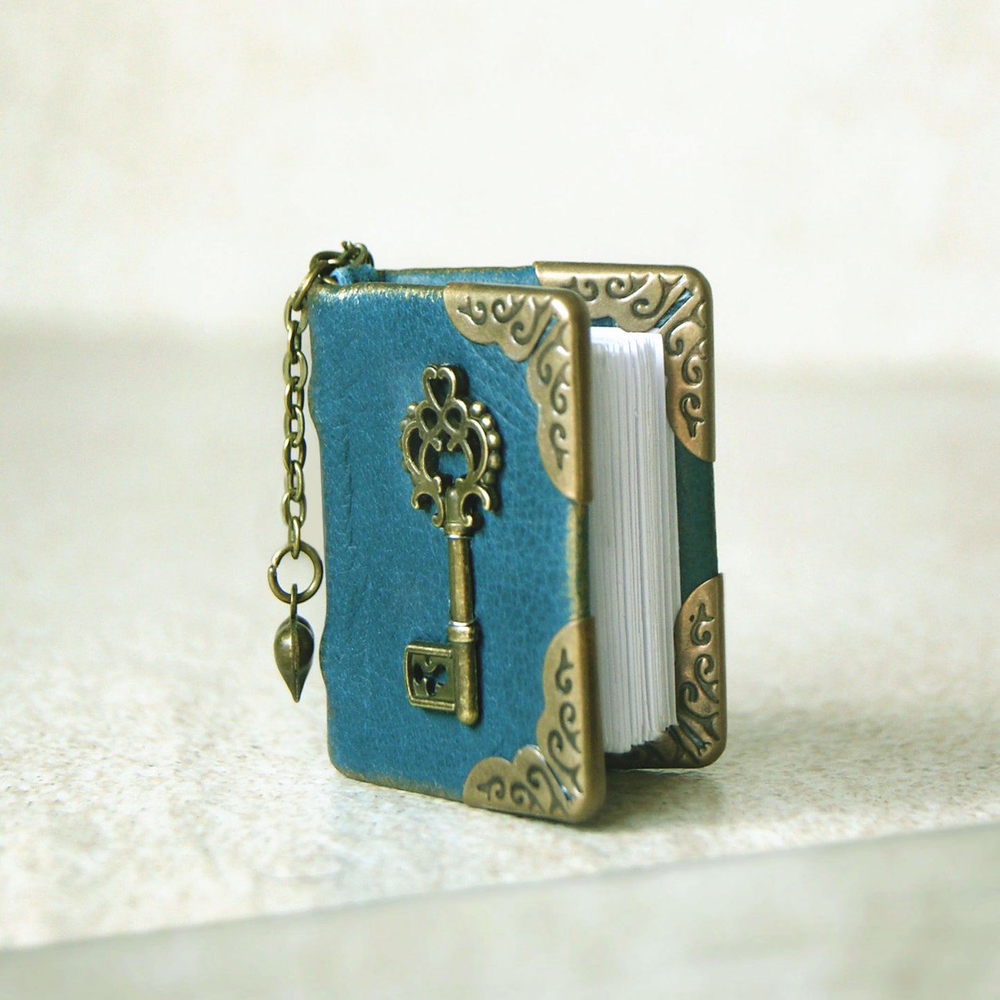 Mini Leather blank book with key on the cover,  Book Necklace, Handmade Book jewelry