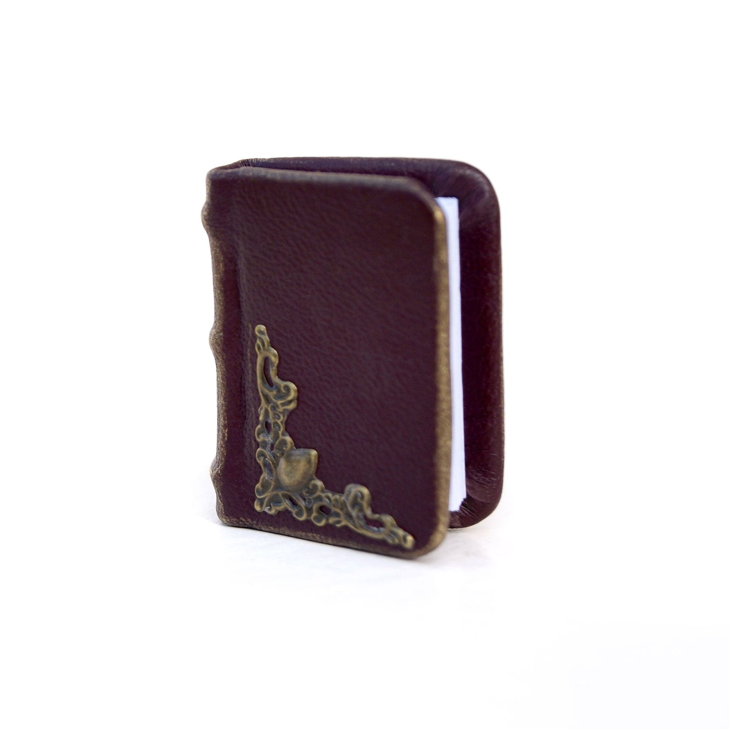 Small leather-bound book with decorative metal clasp on a white background