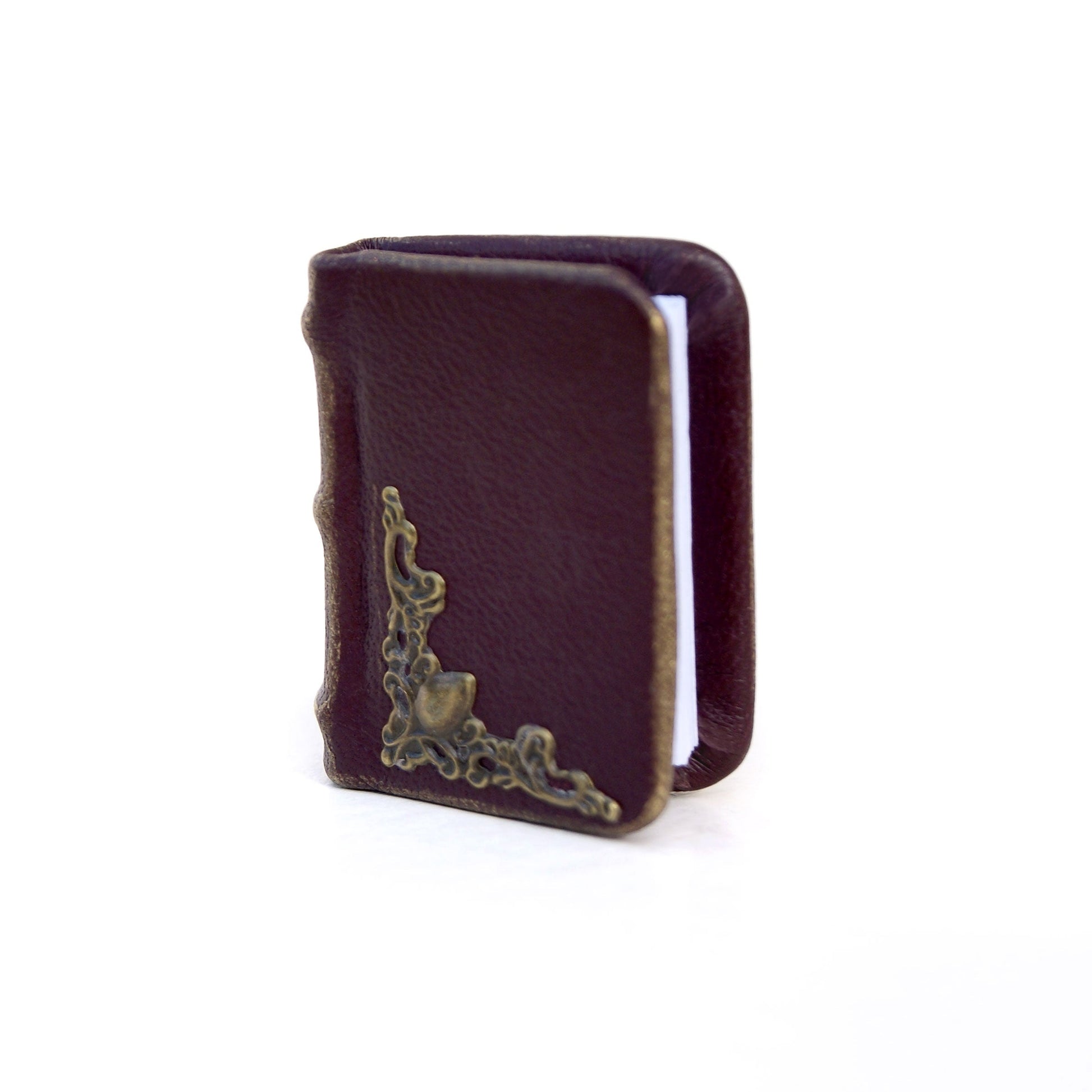 Small leather-bound book with decorative metal clasp on a white background
