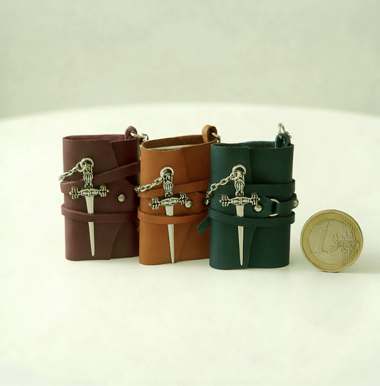 Book Keychains Set of 3, mini leather journal with dagger