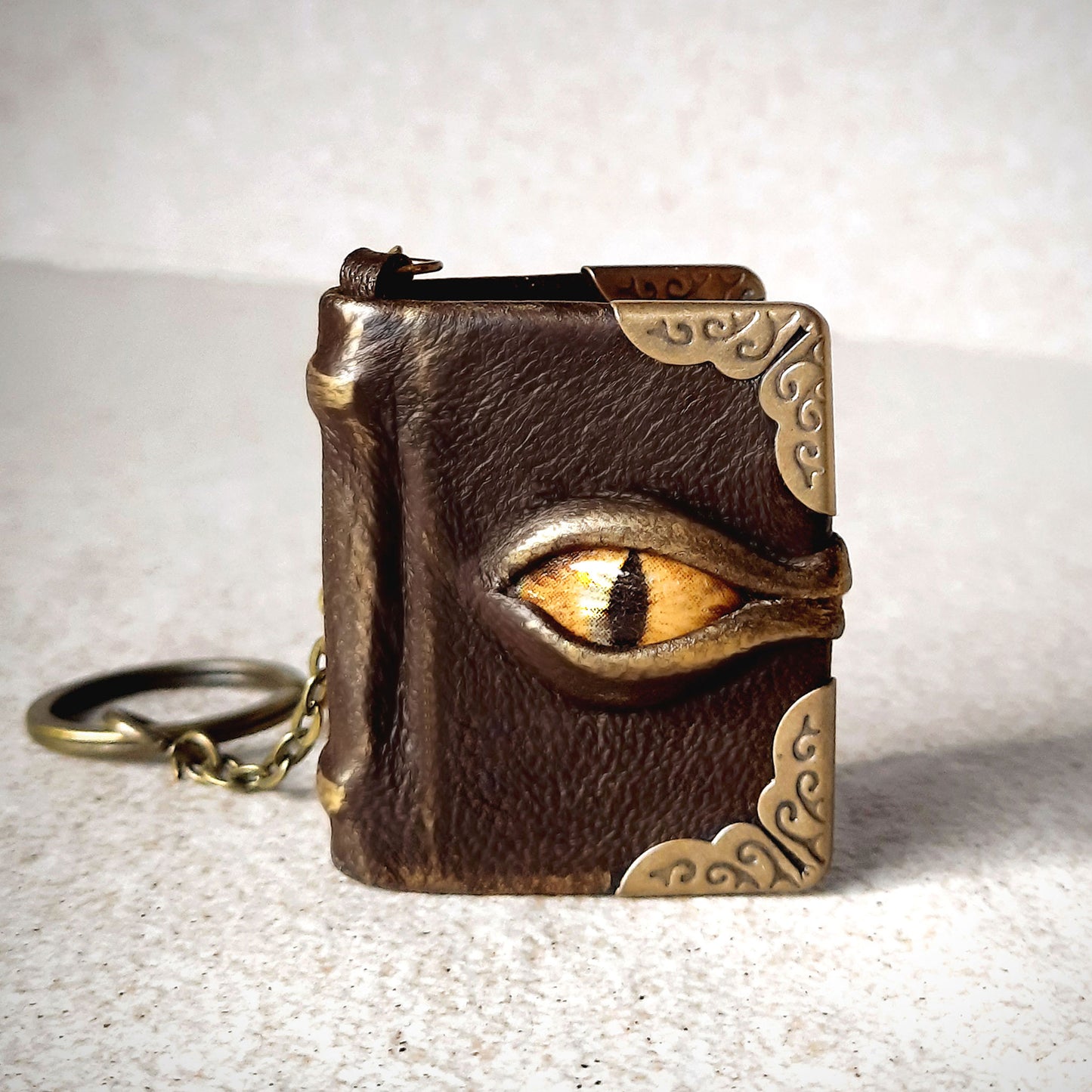 Book keychain, Dragon eye, Tiny leather book, gift for friend