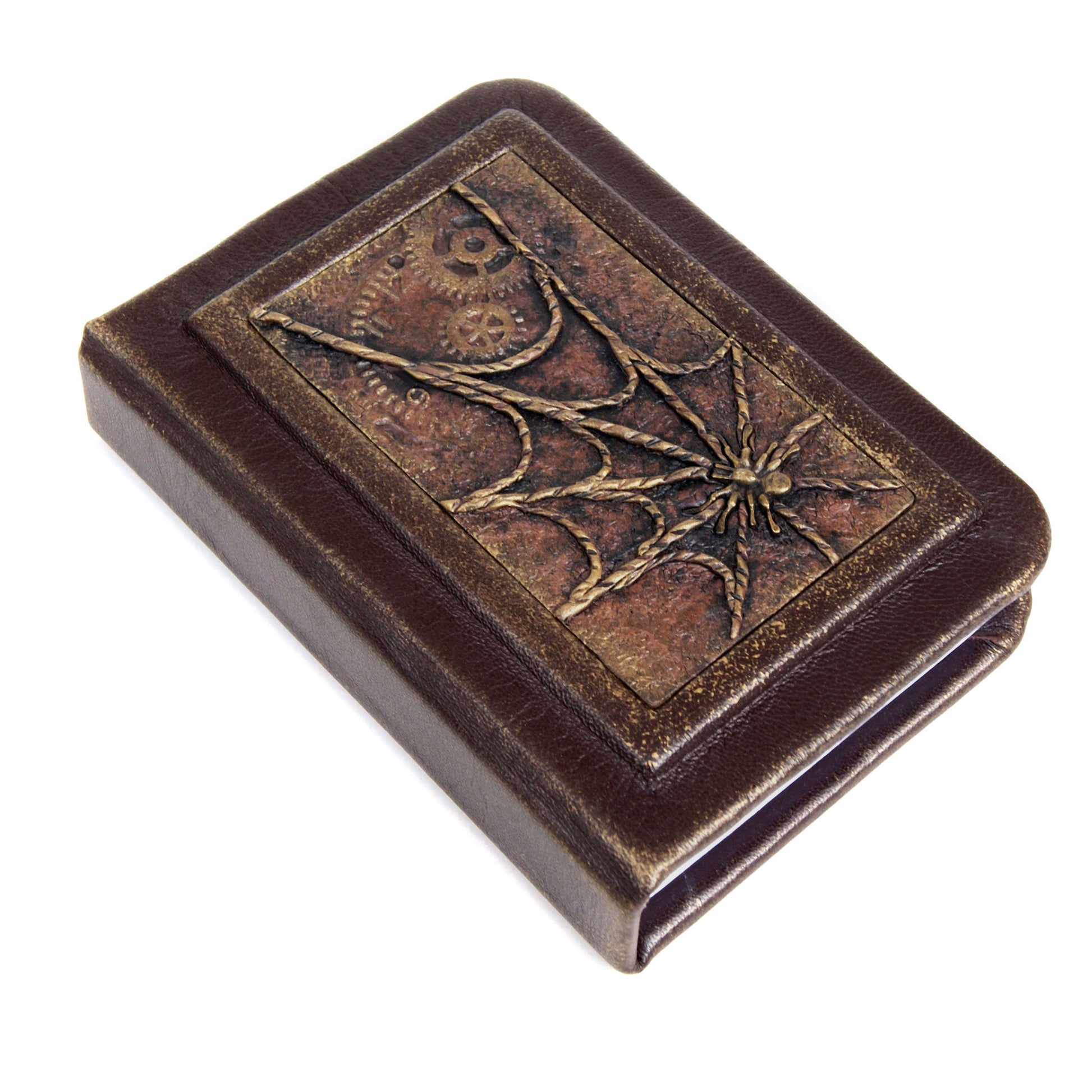 Leather bound journal vintage style, Pocket size, A7 with a spider on the cover.