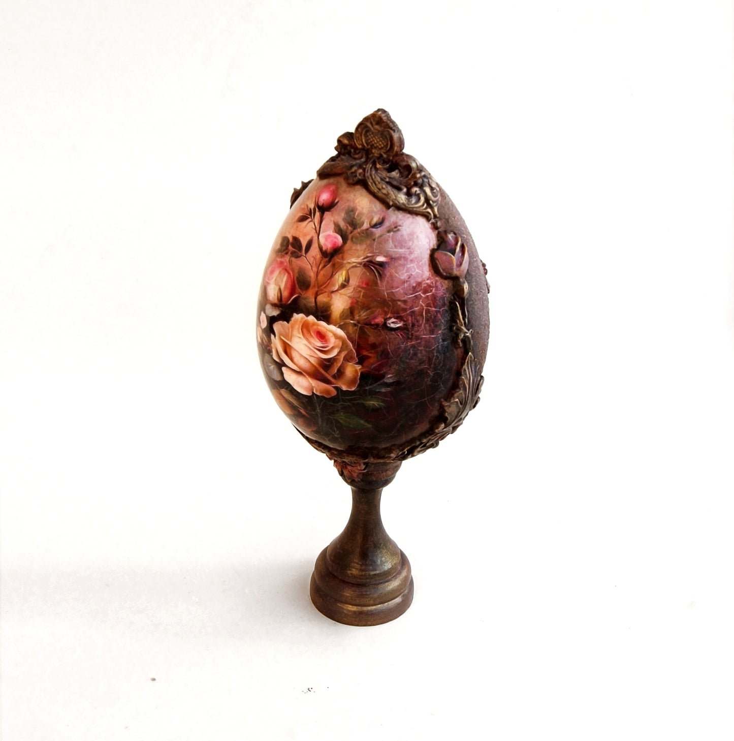 Handmade Decoupage Floral Egg, Victorian Style Decorative Display 