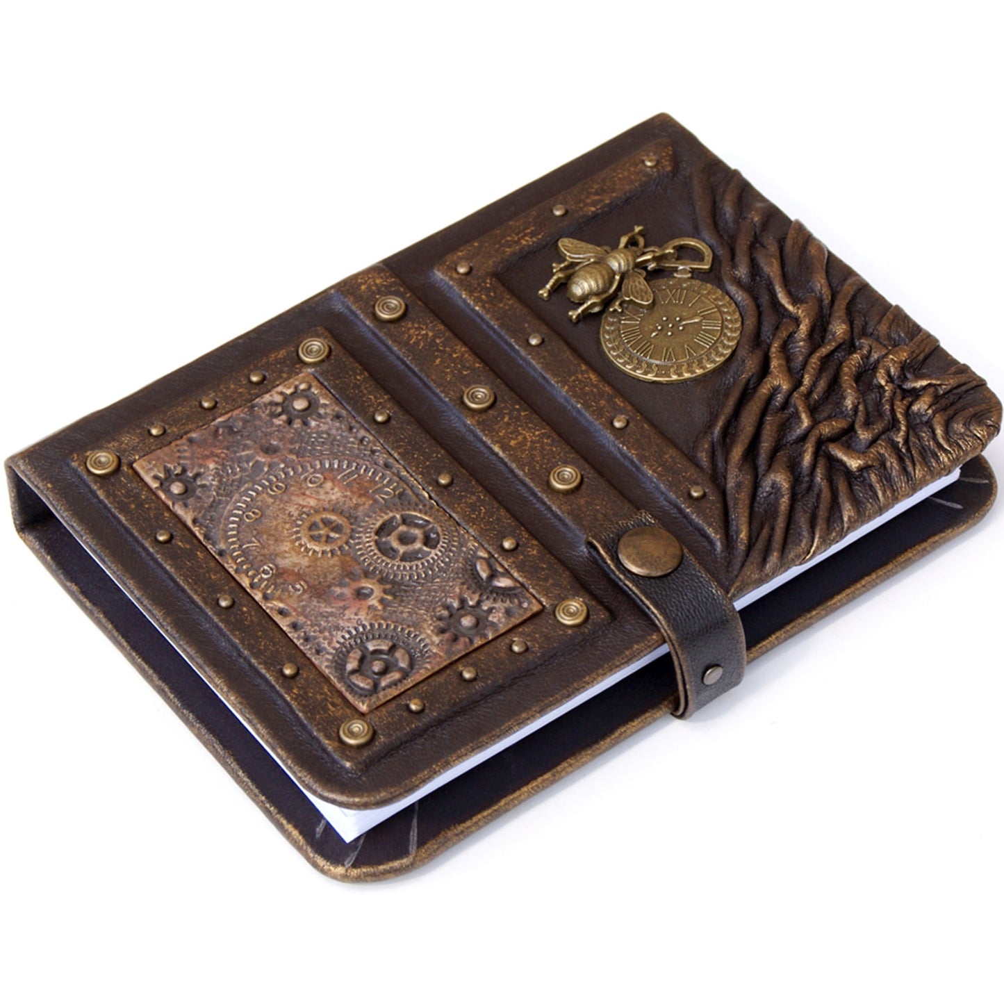 Steampunk-Ledertagebuch mit Biene und Uhr, personalisiertes Ledernotizbuch, Schreibtagebuch, Tagebücher mit Schloss