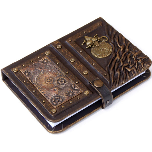 Steampunk leather journal with bee and clock, personalized leather notebook, writing journal,  journals with lock