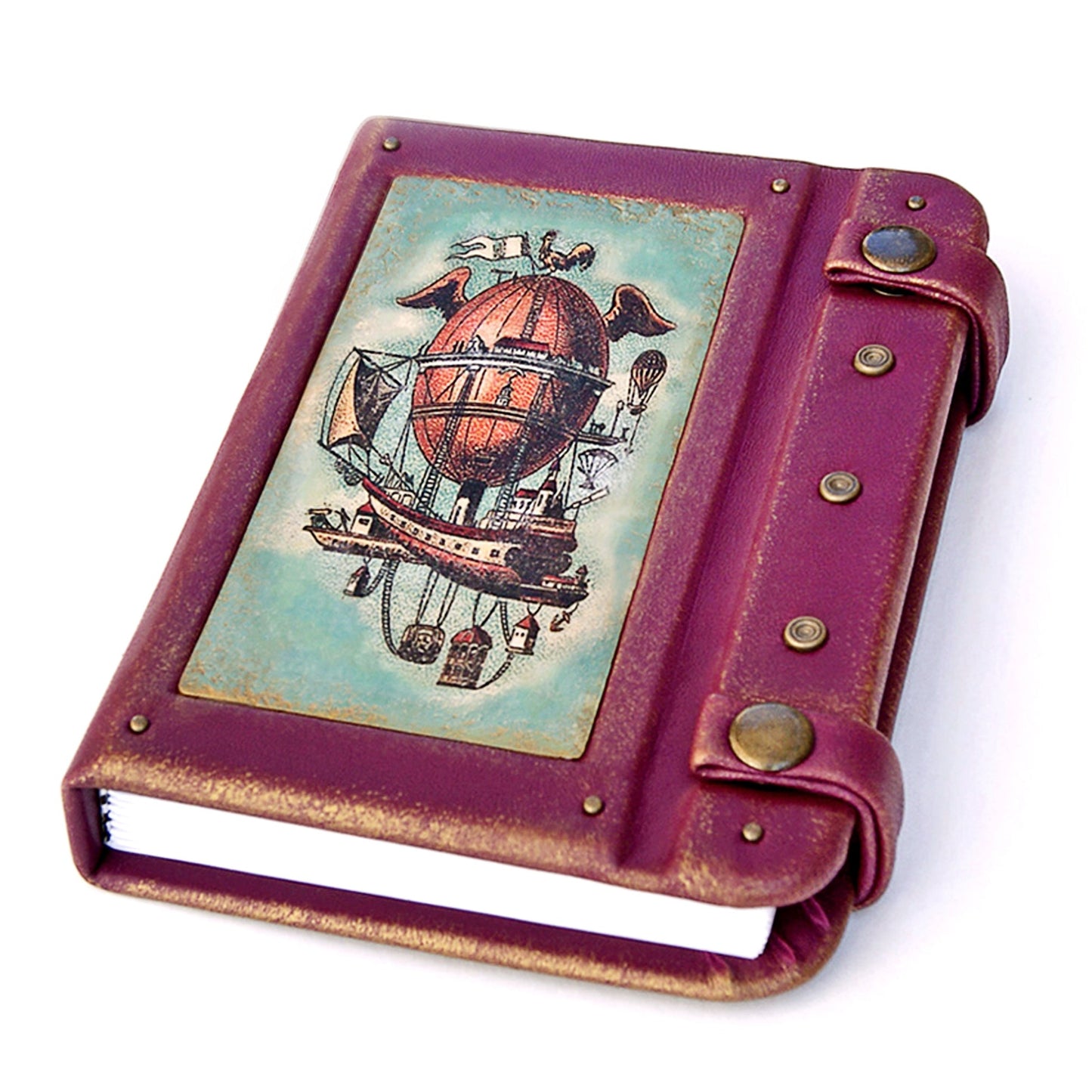 Leather notebook, steampunk, with two clasps. Maroon Color. Air balloon on image