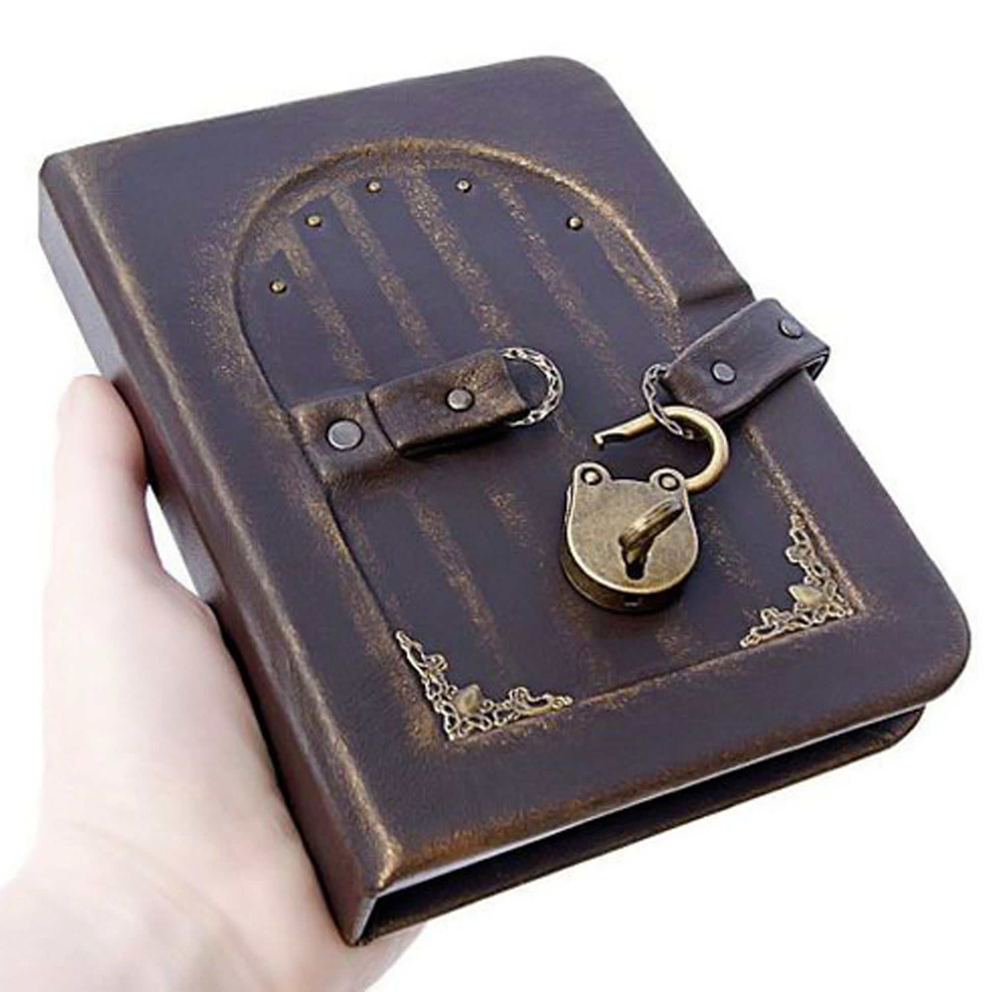 Unique handmade leather bound journal/notebook with real Lock and Key and door on the cover.