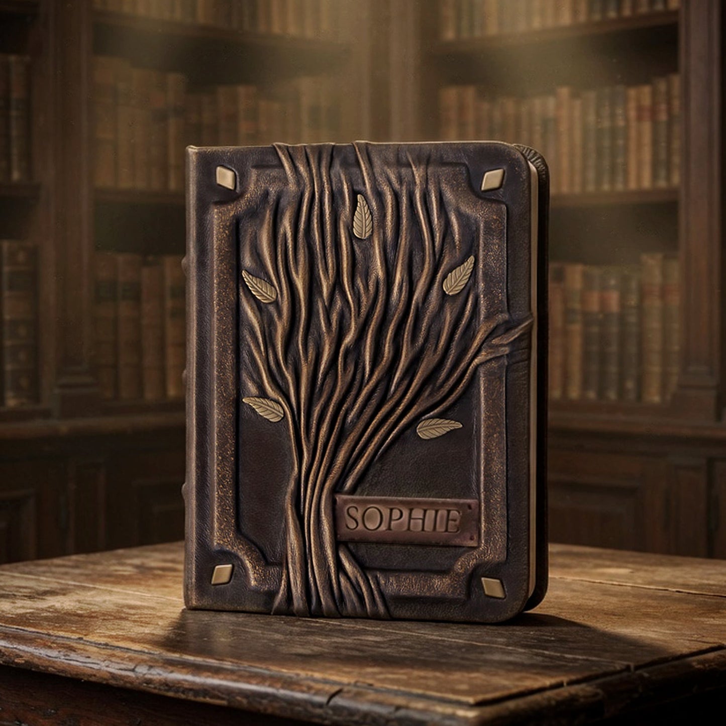 Leather journal Tree Of Life 3D cover with nameplate on an old table in the library