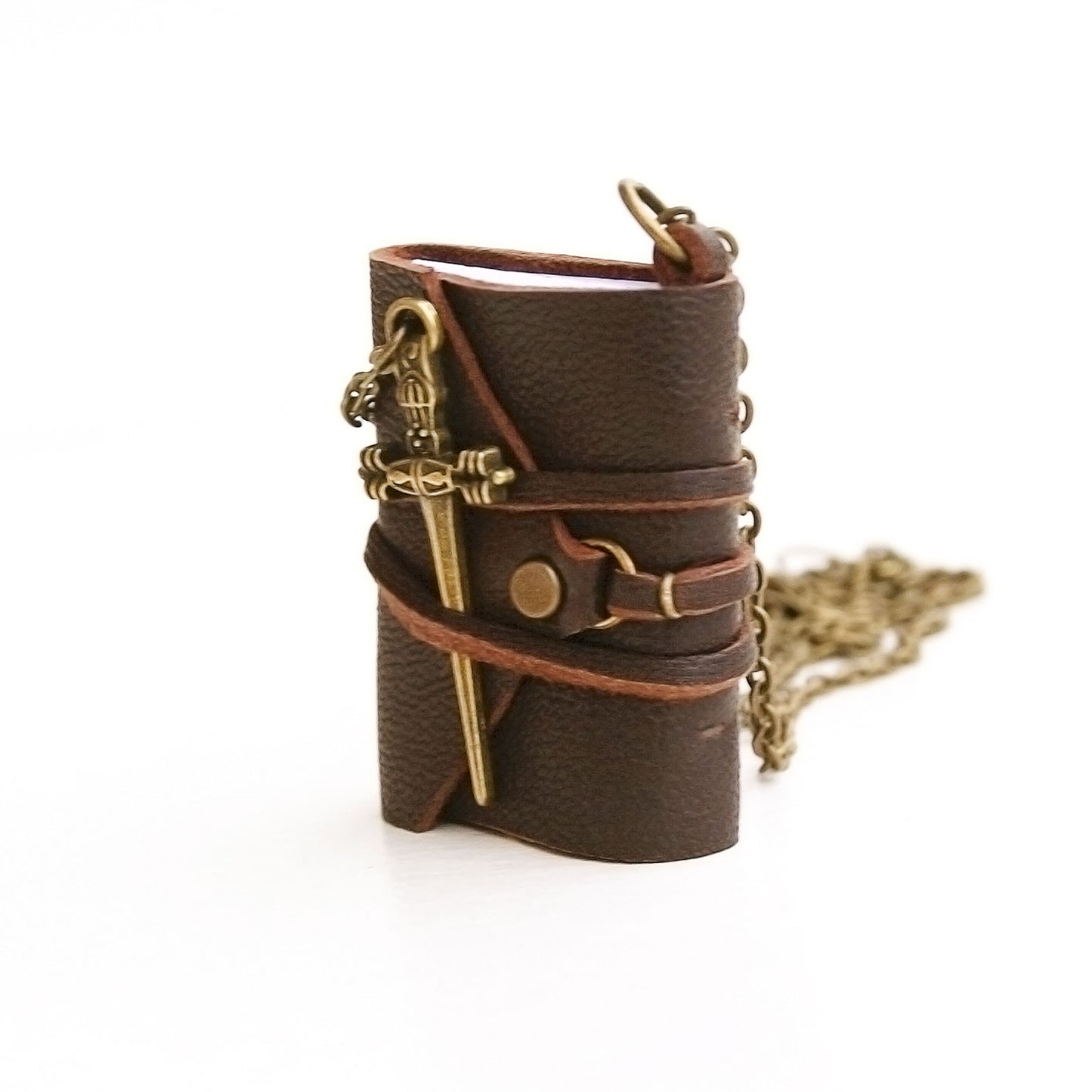 Miniature book necklace, tiny leather book pendant with dagger