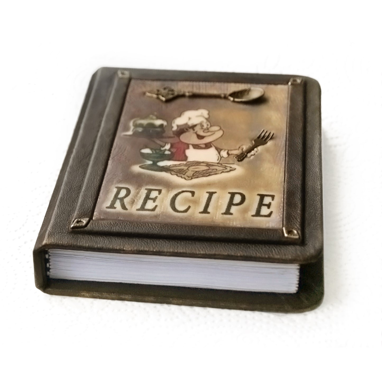 Leather recipe journal, handmade cookbook with insert of polymer clay