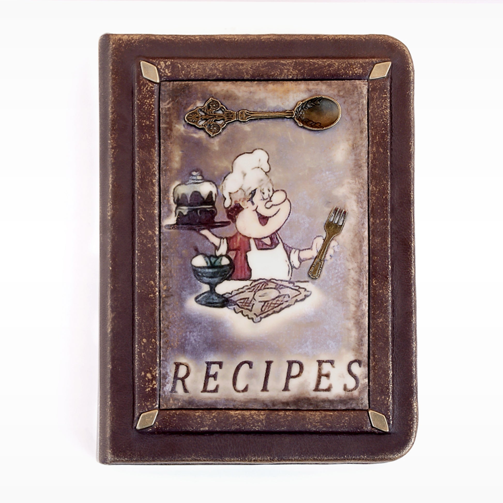 Leather recipe journal, handmade cookbook with insert of polymer clay