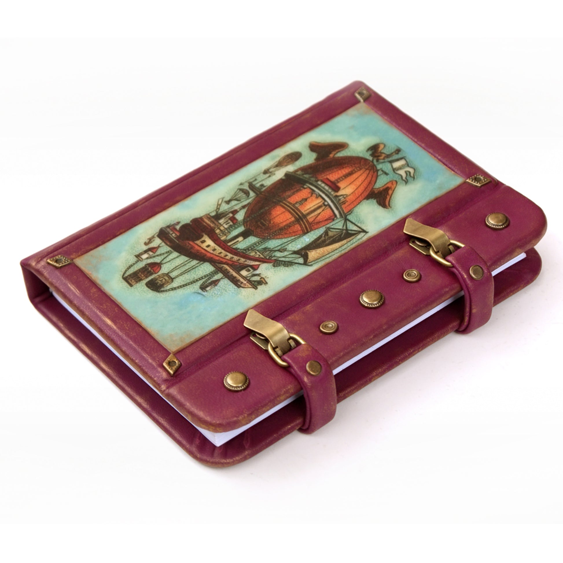 leather notebook lockable, magenta color, steampunk 