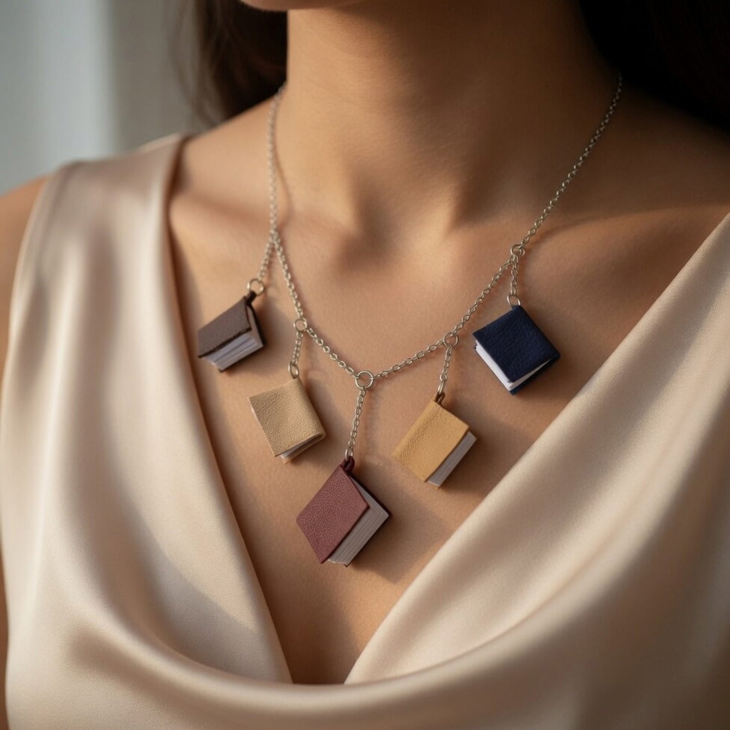 Necklace, 5 mini leather books on a chain on the model