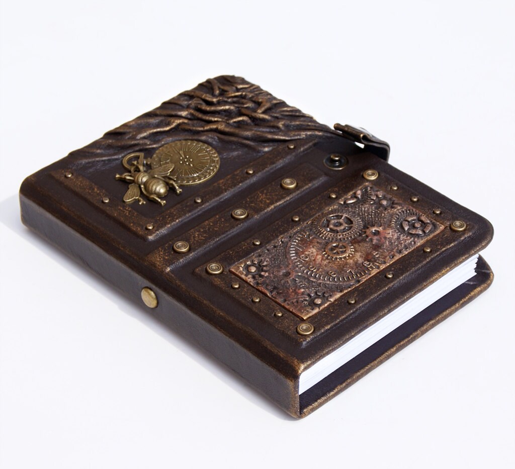 Steampunk leather journal with bee and clock, personalized leather notebook, writing journal,  journals with lock