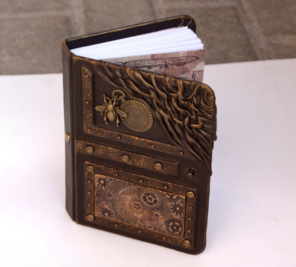 Steampunk leather journal with bee and clock, personalized leather notebook, writing journal,  journals with lock