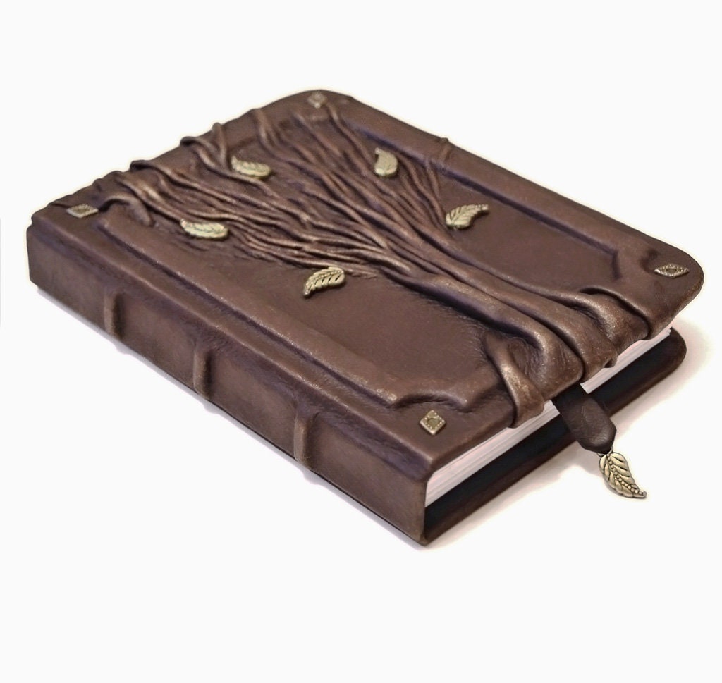 Handmade leather journal with tree of life on the cover, lined paper notebook