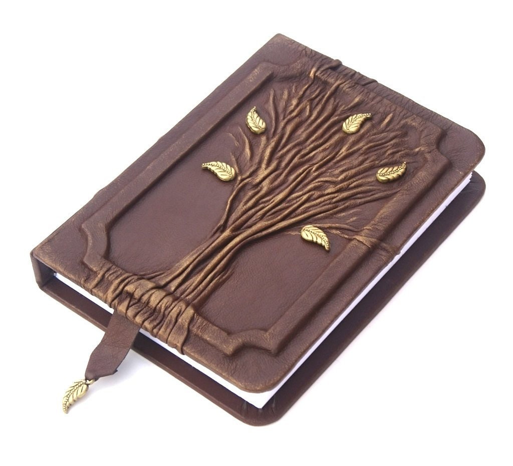 Handmade leather journal with tree of life on the cover, lined paper notebook