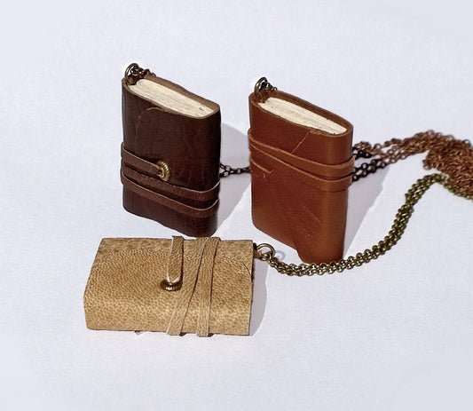 Set of 3 Mini Book Necklace, book jewelry, small leather journal, tiny book , literature necklace