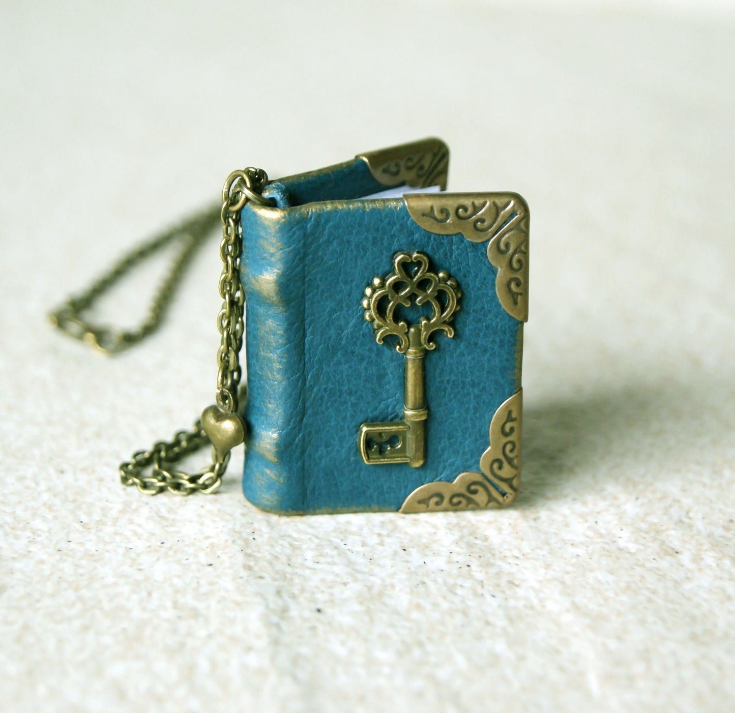 Mini Leather blank book with key on the cover,  Book Necklace, Handmade Book jewelry