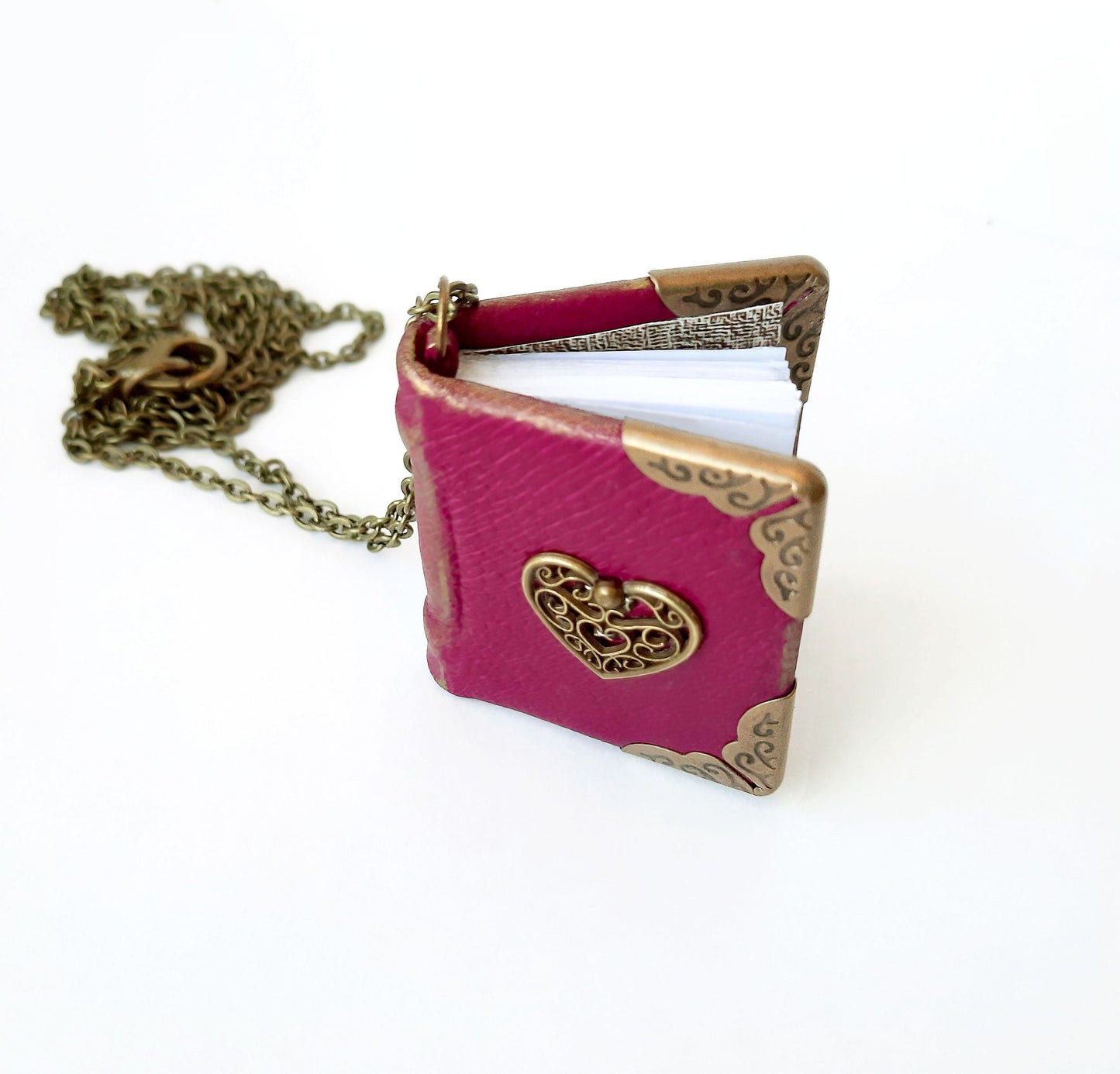 Miniature book necklace with heart on the cover, Real Pages, Mini book vintage style