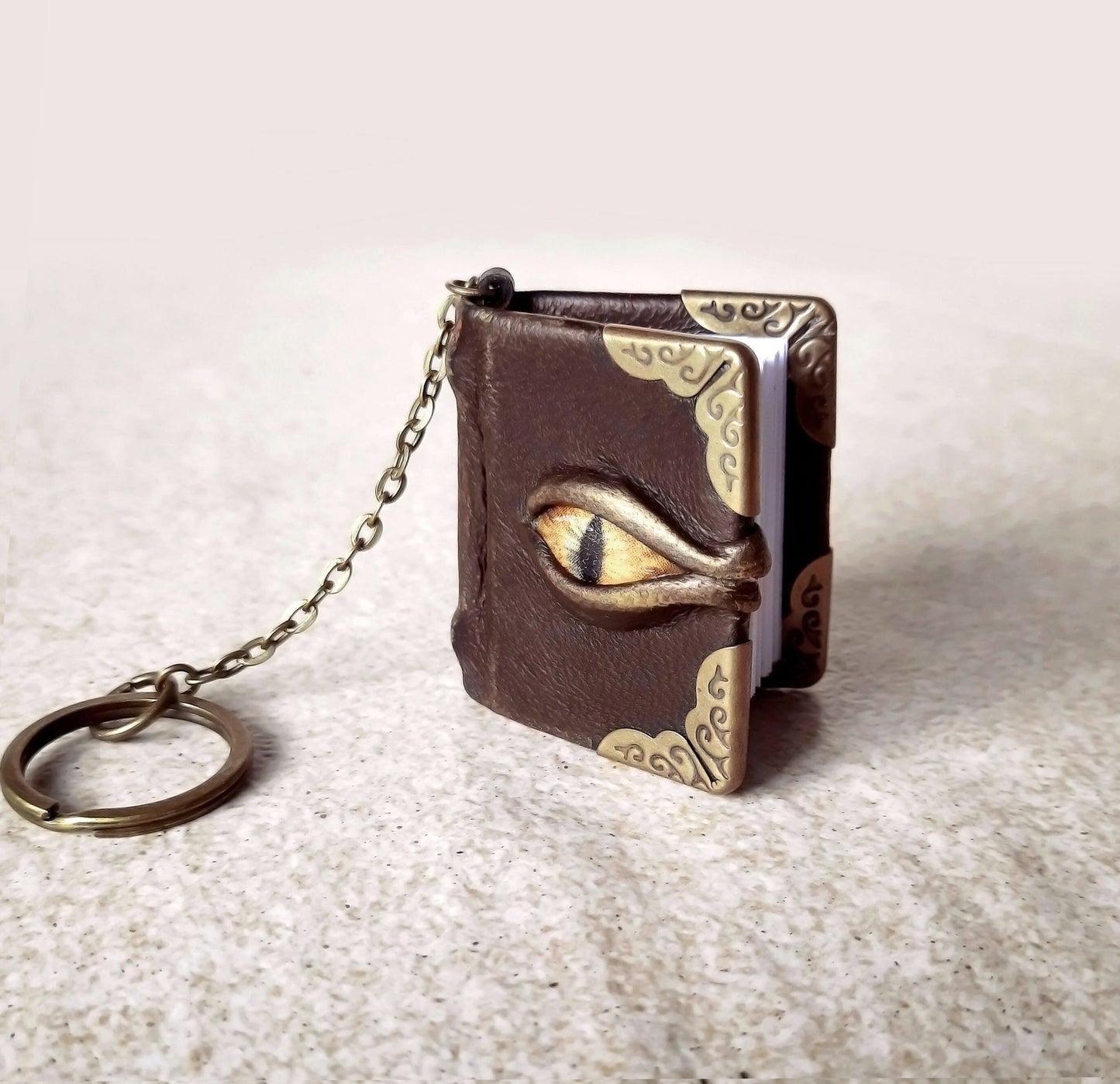 Book keychain, Dragon eye, Tiny leather book, gift for friend