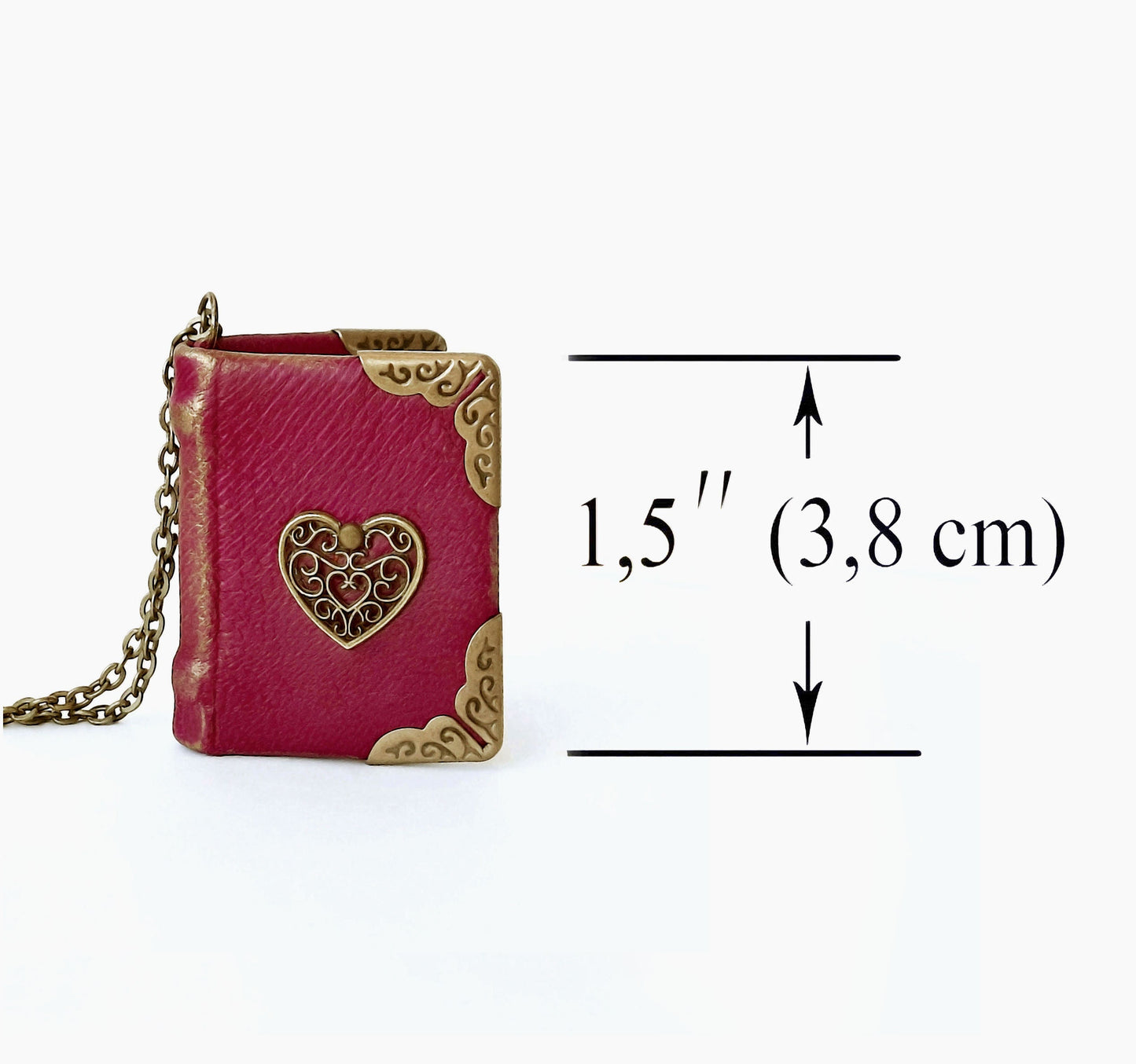 Collier de livre miniature avec coeur sur la couverture, Real Pages, Mini livre style vintage