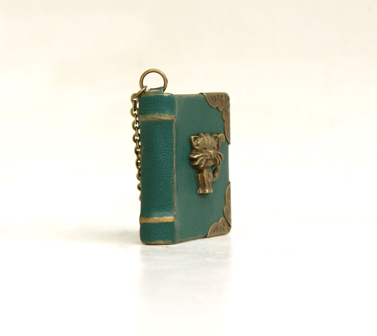 Leather Book Keychain with cat on the cover, tiny book