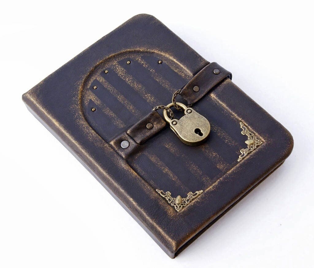 Unique handmade leather bound journal/notebook with real Lock and Key and door on the cover.