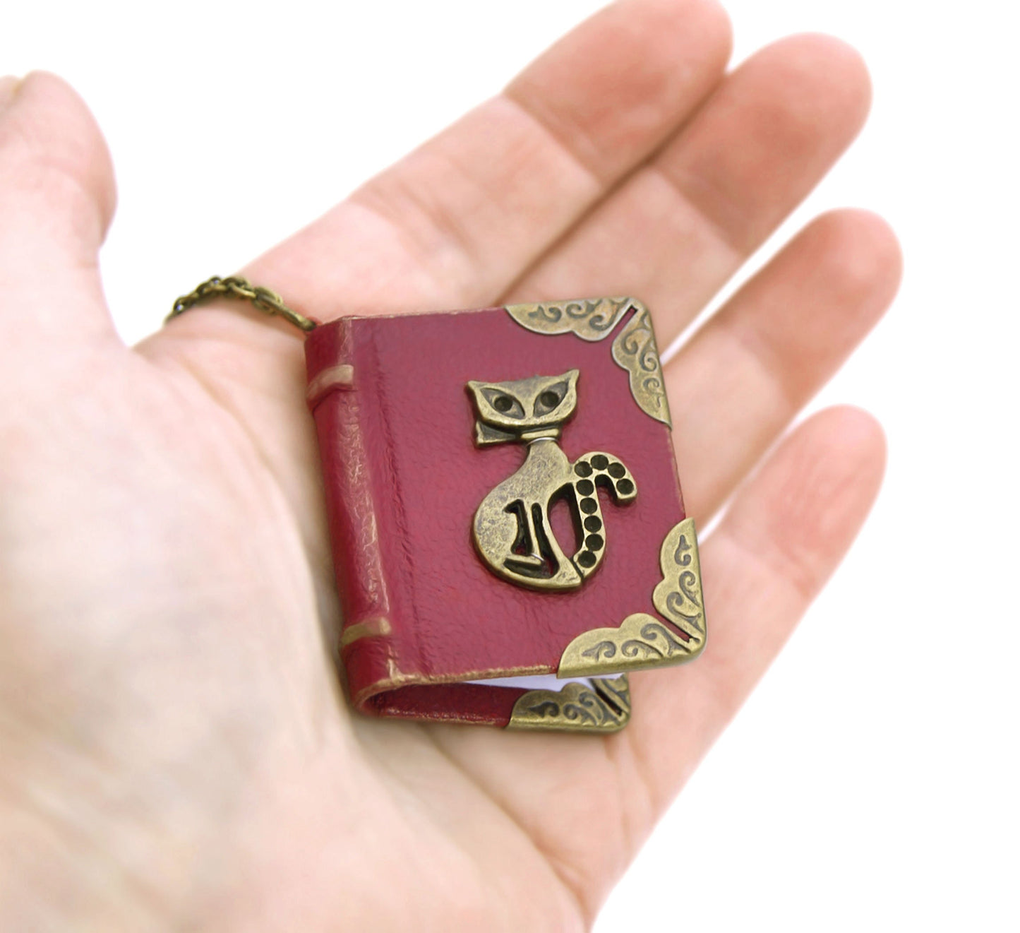 Book keychain, Tiny leather journal with a cat