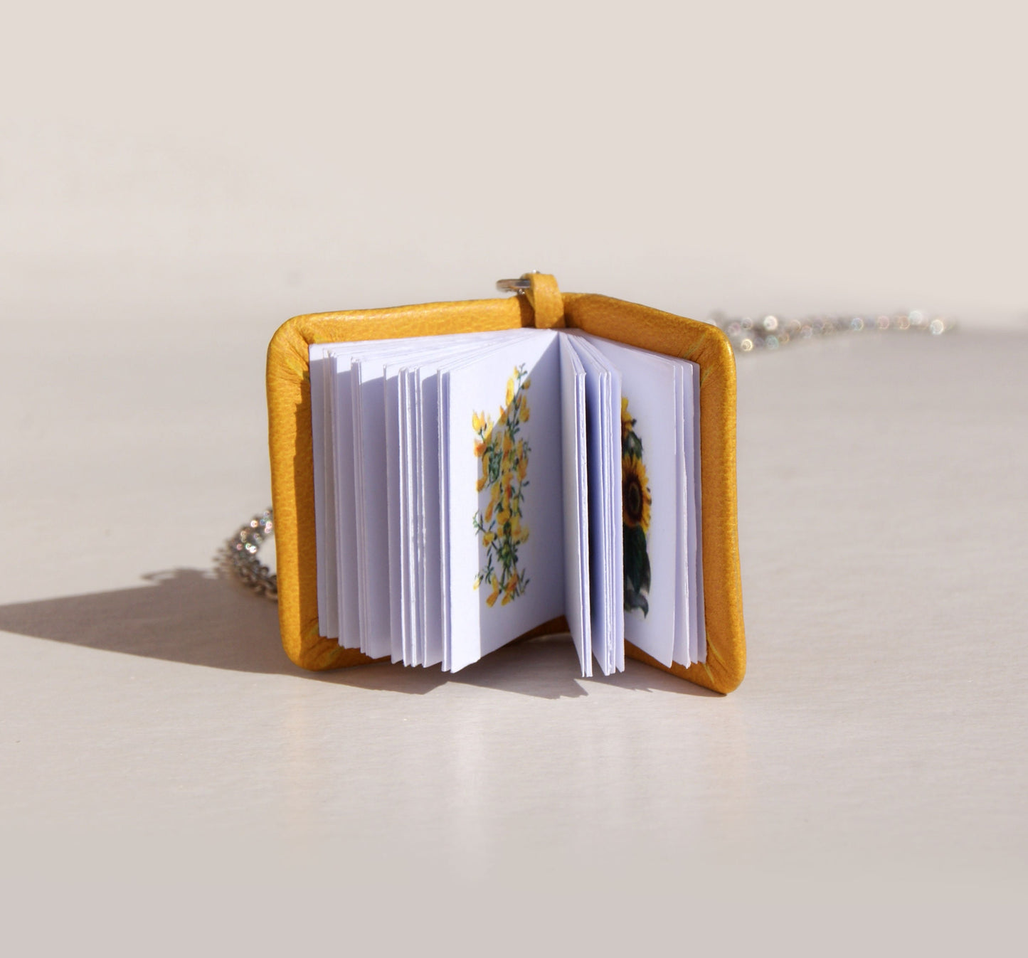 Miniature botanical book necklace, floral tiny book, leather pendant