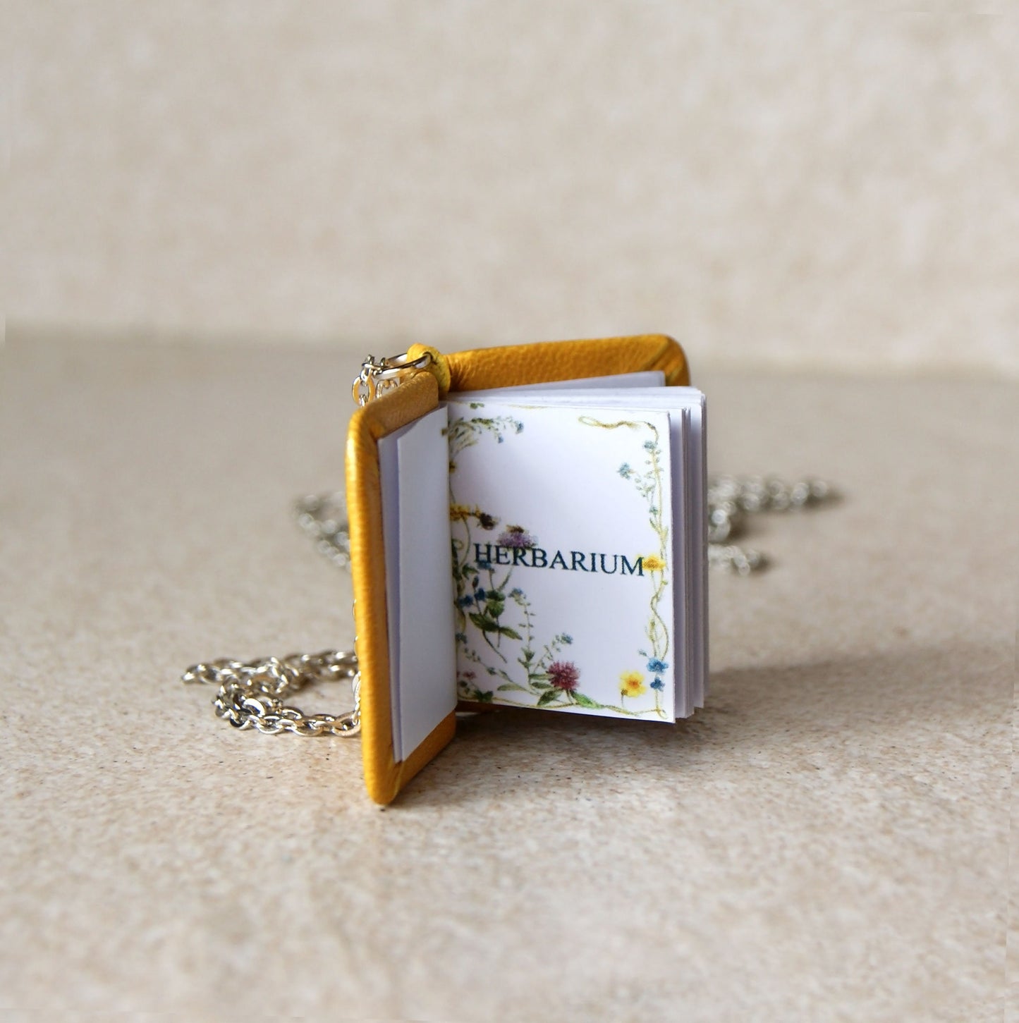 Miniature botanical book necklace, floral tiny book, leather pendant