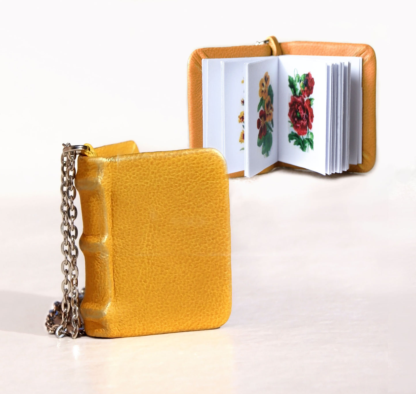 Miniature botanical book necklace, floral tiny book, leather pendant