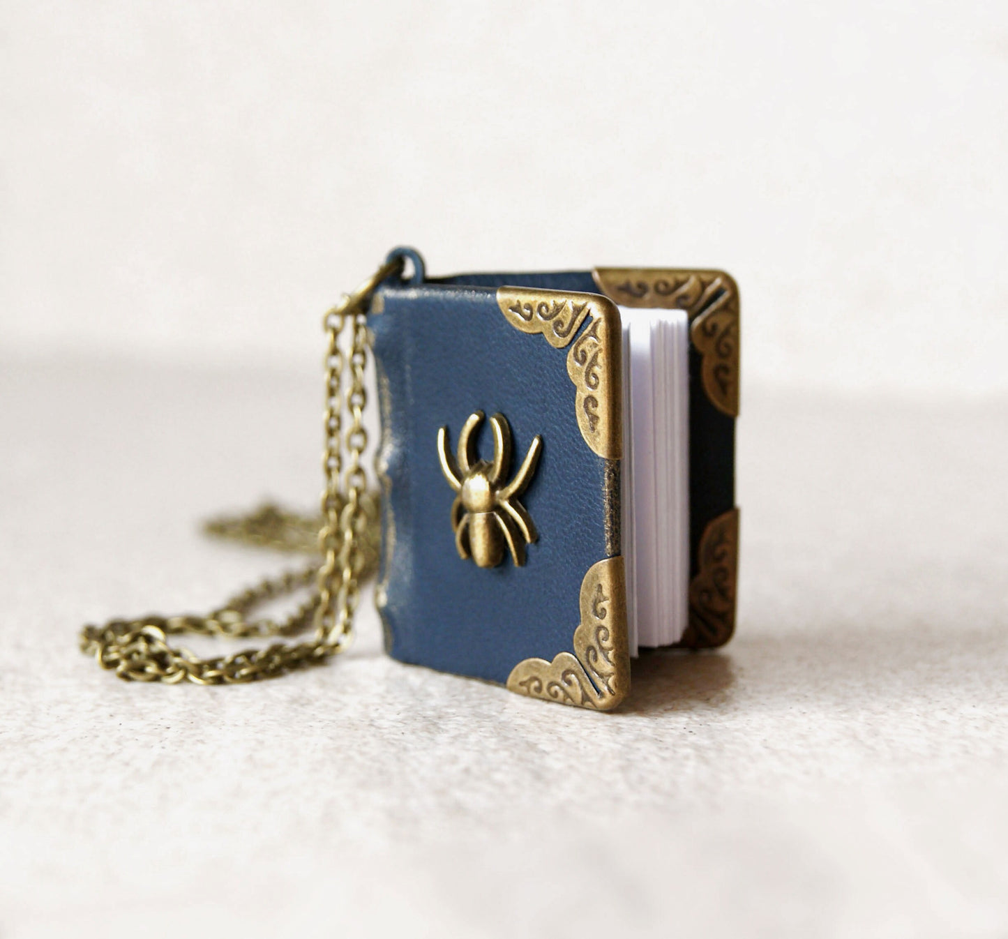 Tiny leather  spell book, Mini book Necklace with a spider on the cover, book of shadows