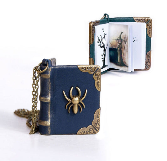 Tiny leather  spell book, Mini book Necklace with a spider on the cover, book of shadows