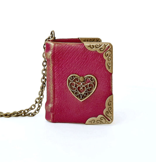 Miniature book necklace with heart on the cover, Real Pages, Mini book vintage style