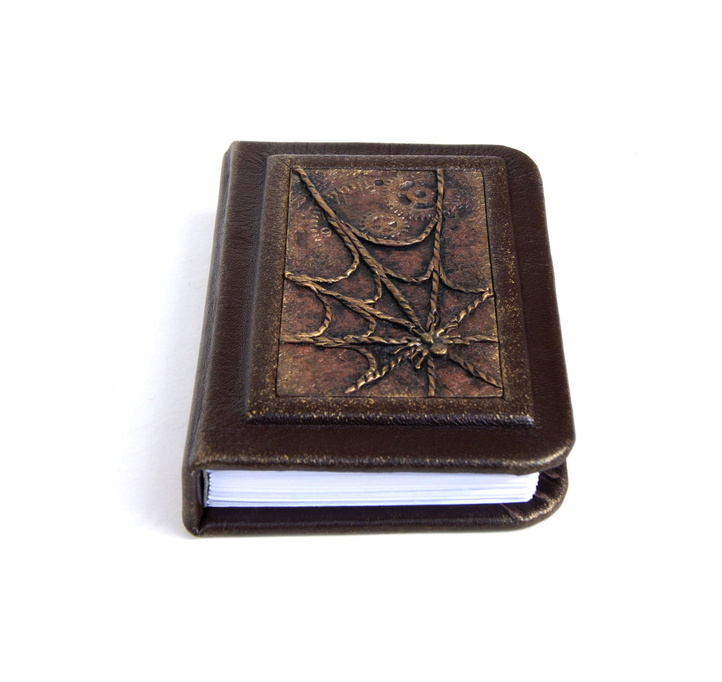 Leather bound journal vintage style, Pocket size, A7 with a spider on the cover.